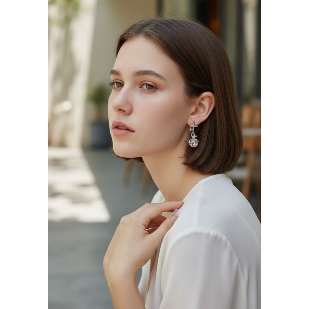 Pink Planet Star Earrings, Silver Tone Celestial Stud Earrings, Kawaii Coquette - Picture 2 of 7